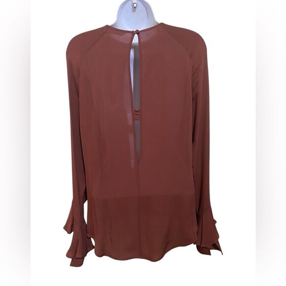 Veronica Beard Mia Silk Ruffle Blouse Burt Orange Brown Semi Sheer Lux Size 2 - Picture 9 of 13